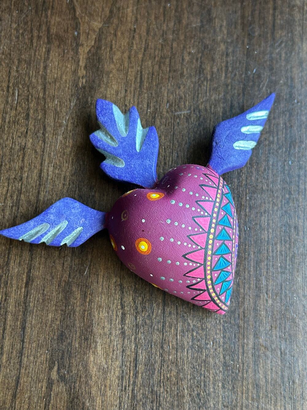Handcrafted purple alebrije heart magnet or ornament Oaxaca, Mexico